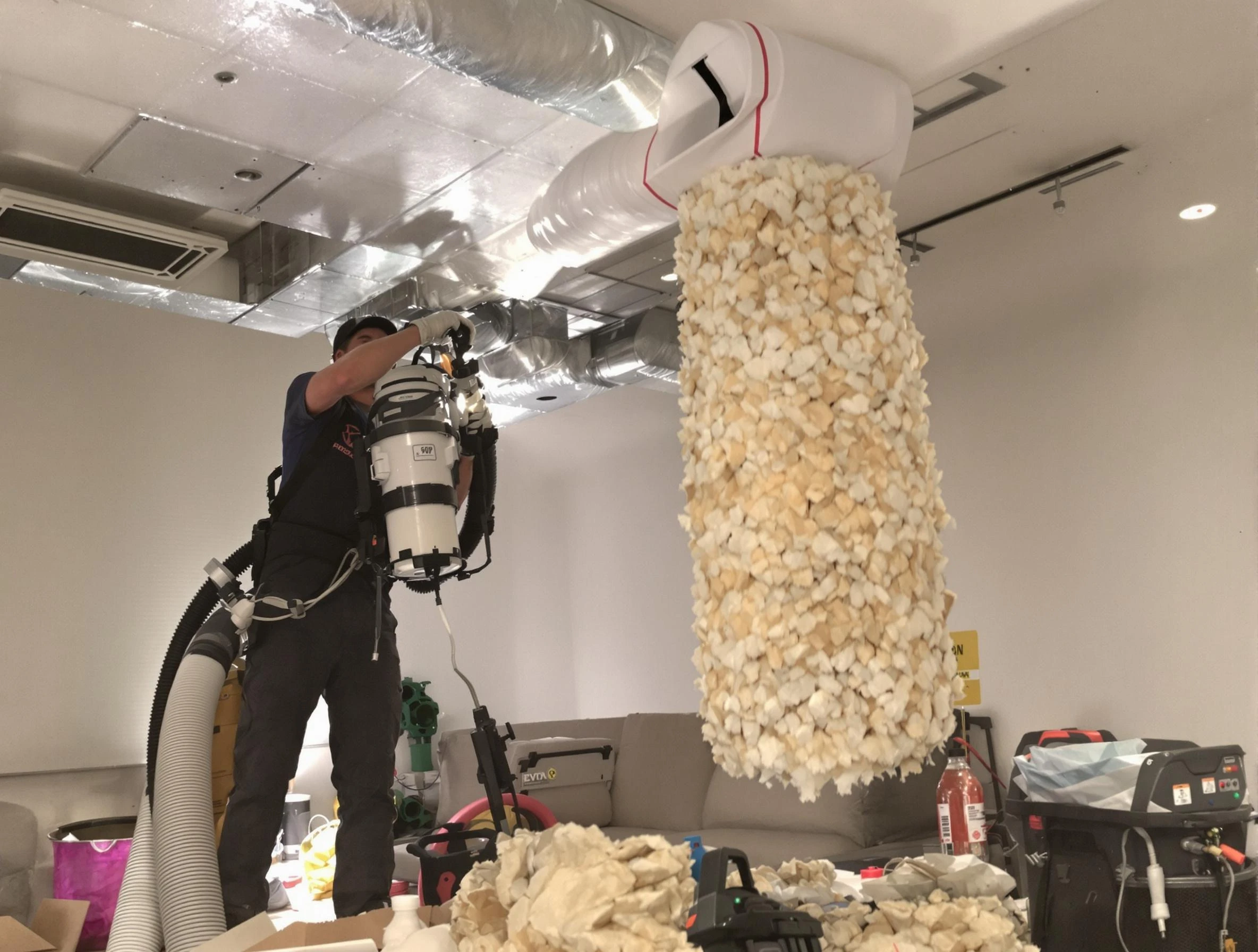 Lake of the Woods Air Duct Cleaning technician performing precision vacuum insulation removal in a residential property in Lake of the Woods